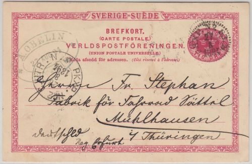 Schweden - Bahnpost PKXP No.63 10 Ö. Ganzsache Stockholm - Mühlhausen 1894