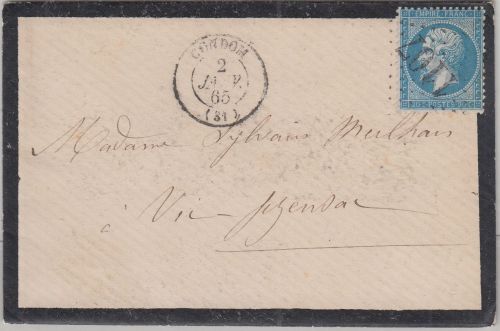 Frankreich - 20 C. Napoleon III. Trauerbriefchen Condom - Vic-Fesensac 1865