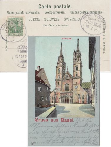 DR - Singen Basel Bahnpost Zug 1626 AK Basel Münster n. Schopfheim 1905