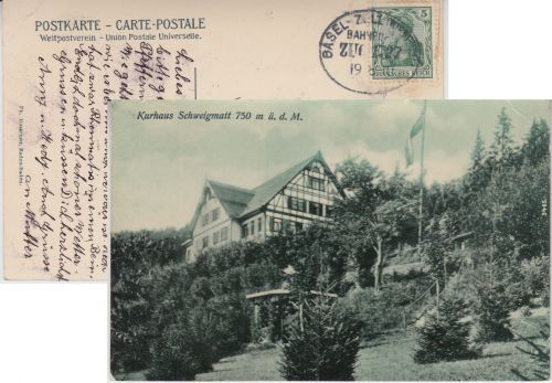 DR - Basel Zell (Wiesental) Bahnpost Zug 1727 AK Kurhaus Schweigmatt 1910