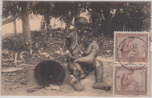 Belgisch Congo - 2x25 C. Korbfelckter bildseitig AK Bumba - Offenbach 1926