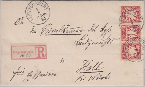 Bayern - 3x10 Pfg./3er-Streifen Wappen Einschreibebrief Leutershausen Hall 1893