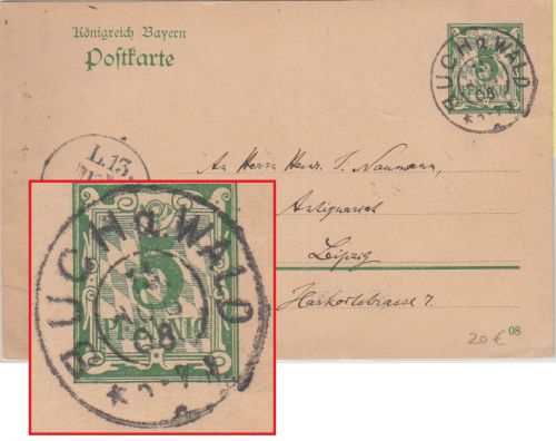 Bayern - Buch a. Wald 15. AUG 08 seltener K2 5 Pfg. Ganzsache n. Leipzig