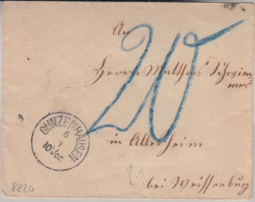 Bayern - Gunzenhausen 6/1 K1 unfrankierter Brief n. Alesheim b. Weissenburg