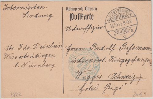 Bayern - Wassertrüdingen 1916 Internierten-Postkarte i.d. SCHWEIZ n. Weggis