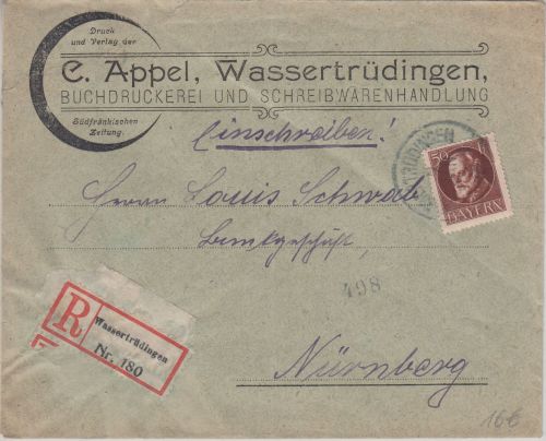 Bayern - 50 Pfg. Ludwig Einschreibebrief Wassertrüdingen - Nürnberg 1920