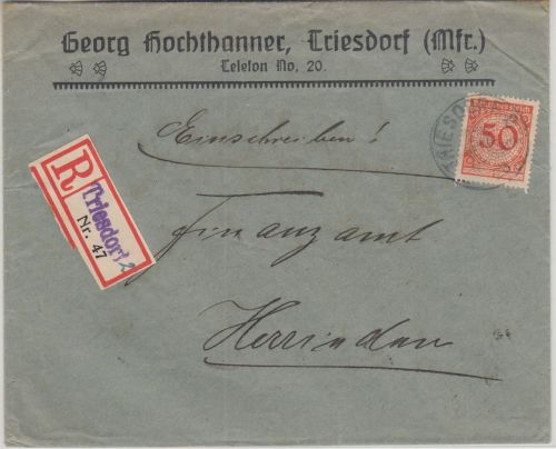 DR - 50 Pfg. Korbdeckel Einschreibebrief Triesdorf - Herrieden 1926