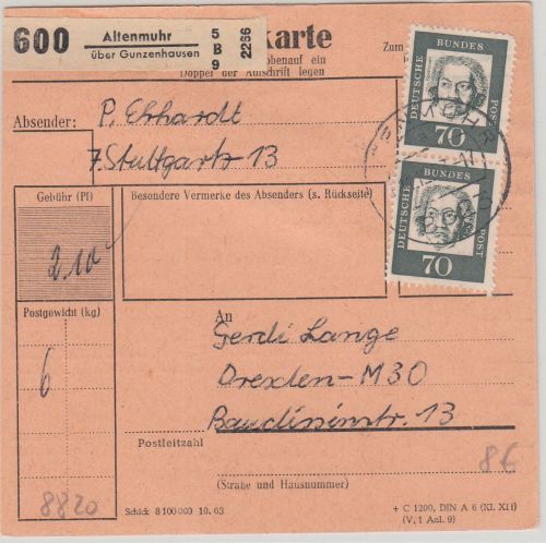 BRD - Altenmuhr ü. Gunzenhausen Poststelle I Paketkarte n. Remstädt 1963