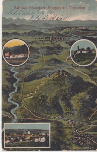 Bayern - Bahnlinie Peiting Peissenberg Vogelperspektive farb. AK gelaufen 1923
