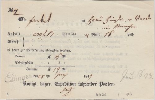 Bayern - Ellingen Schreib-L1 Fahrpost-Aufgabeschein/Wertsendung n. München 1849
