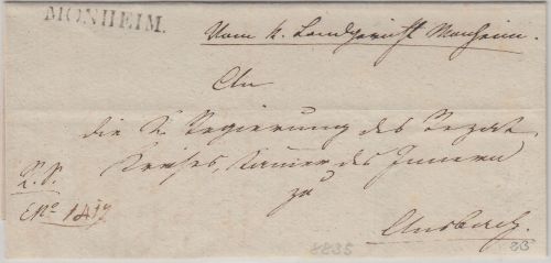 Bayern - Monheim L1 Dienstbrief n. Ansbach ca. 1825