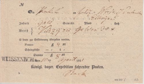 Bayern - Weissenburg L1 Fahrpost-Aufgabeschein f. Geldsendung n. Ellingen 1845