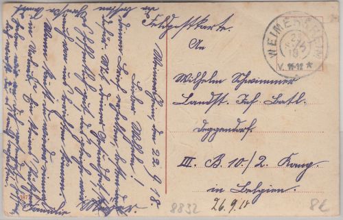 Bayern - Weimersheim 23. SEP 18 K2 Feldpostkarte n. BELGIEN