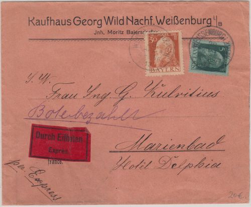 Bayern - 30+5 Pfg. Luitpold Eilbrief n. ÖSTERREICH Weißenburg - Marienbad 1913