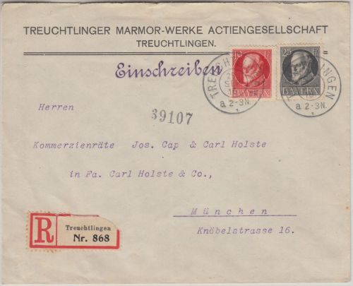 Bayern - 10+25 Pfg. Ludwig Einschreibebrief Treuchtlingen - München 1916