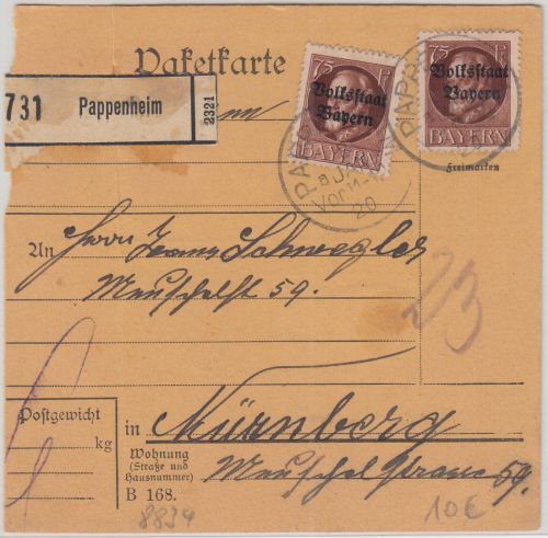 Bayern - 2x75 Pfg. Ludwig/Volksstaat Paketkarte Pappenheim - Nürnberg 1920