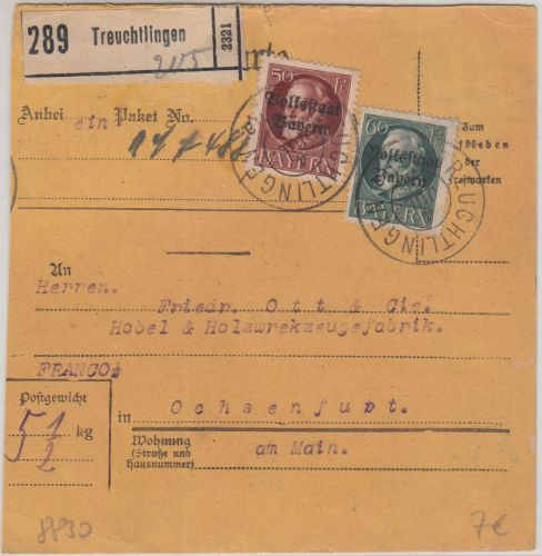 Bayern - 50+60 Pfg. Ludwig/Volksstaat Paketkarte Treuchtlingen - Ochsenfurt 1919