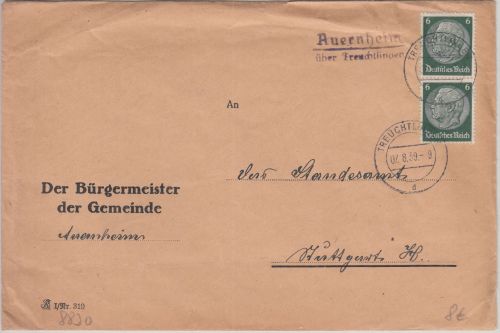 DR - Auernheim ü. Treuchtlingen Landpost-L2 brief n. Stuttgart 1939