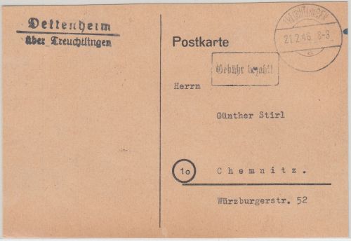 All.Bes. - Dettenheim ü. Treuchtlingen Landpost-L2 Karte Gebühr bezahlt Ra1 1946