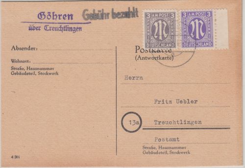 All.Bes. - Göhren ü. Treuchtlingen Landpost-L2 Karte Gebühr bezahlt L1 1946