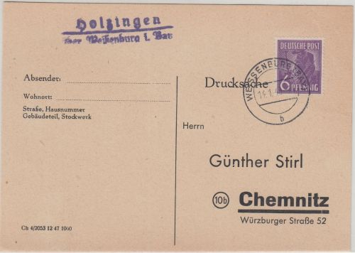All.Bes. - Holzingen ü. Weißenburg Landpost-L2 Karte n. Chemnitz 1946