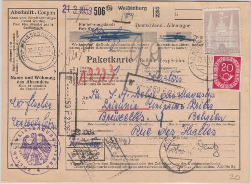 Bizone - 2 M. Bauten u.a. Paketkarte n. BELGIEN Weißenburg - Brüssel 1953