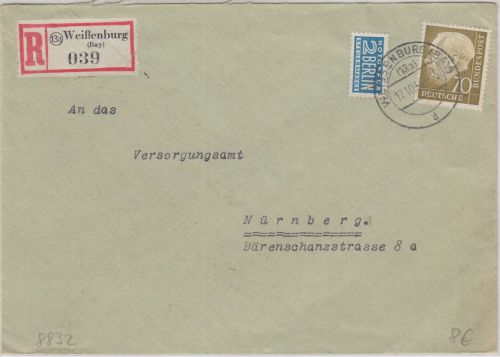 BRD - 70 Pfg. Heuss I Einschreibebrief Weißenburg - Nürnberg 1955