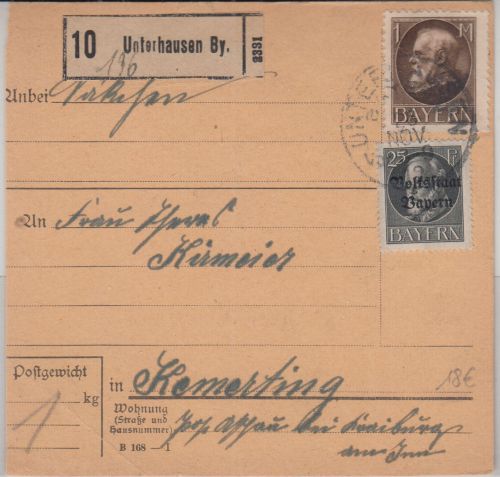 Bayern - 1 M. Ludwig u.a. Paketkarte Unterhausen - Kemerting 1919