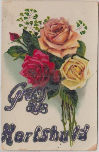 Bayern - Karlshuld Rosenkarte mit Glitterschrift gelaufen ca. 1910