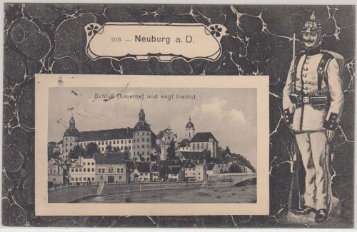 Bayern - Neuburg a/D. Schloss (Kaserne) milit. sw-Passepartout-AK gelaufen 1916