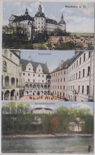 Bayern - Neuburg a/D. Schloss etc. farb. Mehrbild-AK gelaufen/Feldpost 1915