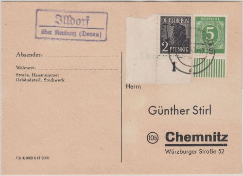 All.Bes. - Illdorf ü. Neuburg (Donau) Landpost-Ra2 Karte n. Chemnitz 1947