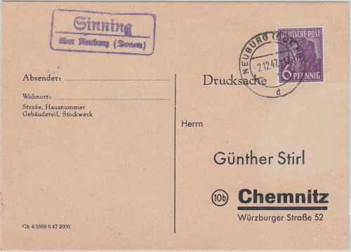 All.Bes. - Sinning ü. Neuburg (Donau) Landpost-Ra2 Karte n. Chemnitz 1947