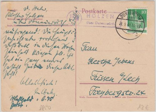 Bizone - (13b) Holzen ü. Donauwörth Karte n. Füssen 1948