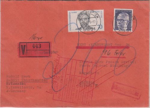 BRD - Thierhaupten 1975 Wertbrief n. ZYPERN Aushilfs-Wertzettel Retourvermerk