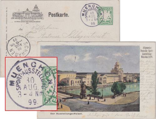 Bayern - München Sportausstellung 5 Pfg. Privatganzsache + SST n. Schwaben 1899
