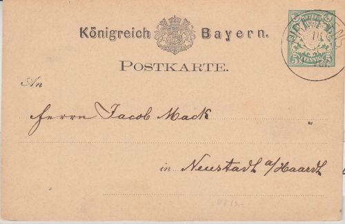 Bayern - 5 Pfg. Wappen Ganzsache Pirmasens - Neustadt a/H. 1877