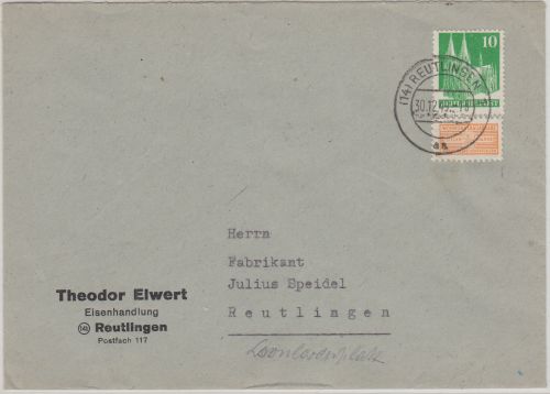FZ/Württ. - 10 Pfg. Bauten + 2 Pfg. Wohnungsbau Ortsbrief Reutlingen 30.12.49