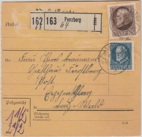Bayern - 1 M.+20 Pfg. Ludwig Paketkarte Penzberg - Eppenschlag 1917