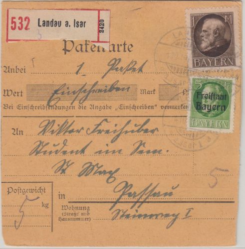 Bayern - 1 M. Ludwig u.a. Einschreibepaketkarte Landau a/Isar - Passau 1919