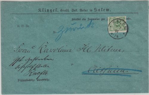 DR - 5 Pfg. K/A Ortsbrief/Zustellurkunde Salem 1891