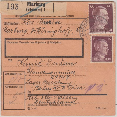 DR - 60+15 Pfg. AH Paketkarte Marburg - Stalag XIID/Trier 1942