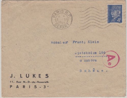 Frankreich - 4 F. Petain Zensurbrief ins PROTEKTORAT Paris - Jistebnice 1944