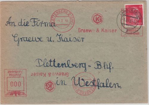 DR - Plettenberg 2 (Bhf) AFS "Graewe & Kaiser" Brief 1943