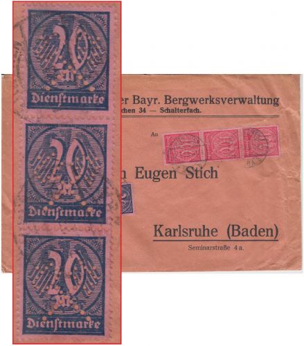 DR-Infla - 3x20+3x100 M Ziffer Perfin Hammer & Schlägel Dienstbrief München 1923
