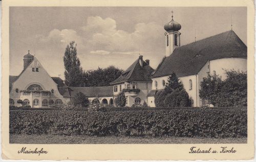 Bayern - Mainkofen Festsaal u. Kirche sw.AK ungelaufen ca. 1935