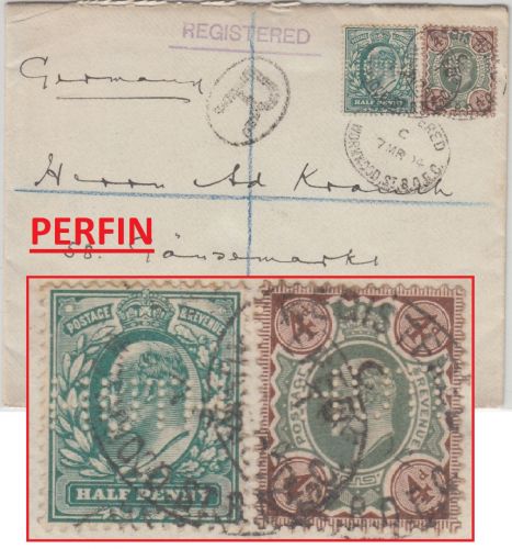 England - 4+1/2 P. Eduard VII Perfin "HUTH" Einschreibebrief London Hamburg 1904