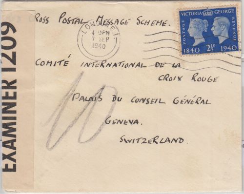 England - 2 1/2 P. 100 J. Briefmarke Zensurbrief i.d. SCHWEIZ London - Genf 1940