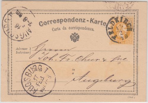 Österreich/Bayern - 2 Kr. Franz-Joseph Ganzsache K1 Feldpirch - Augsburg 1875