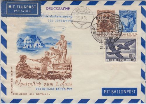 Österreich - 15+45 Gr. Trachten Privatganzsache Ballonpost Kinderdorf 1951